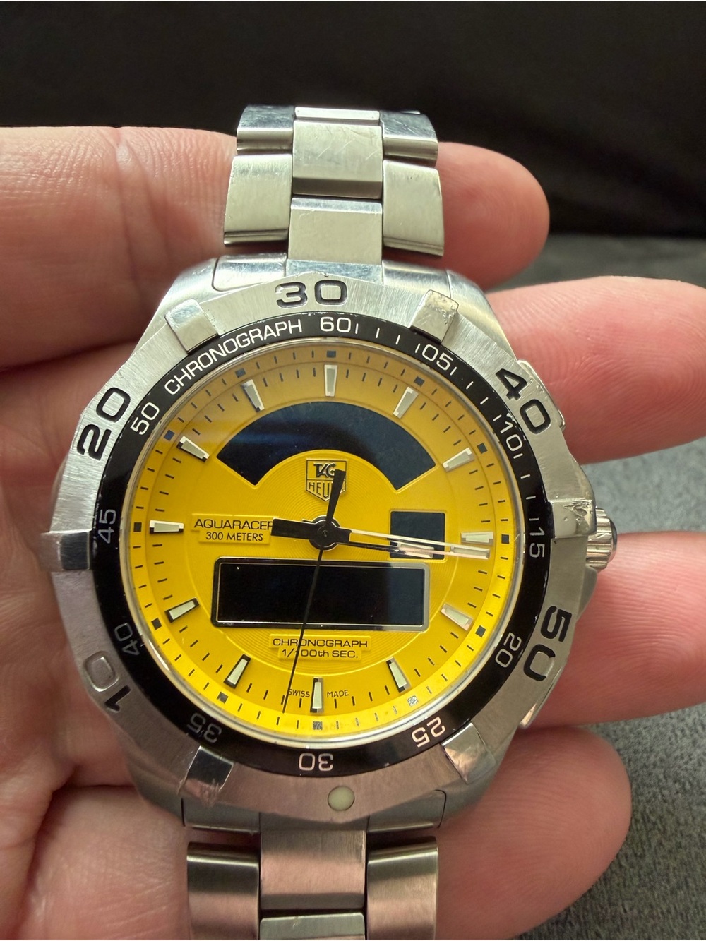 Tag Heuer Aquaracer Analog-Digital Chrono Yellow Dial Stainless Steel Bracelet